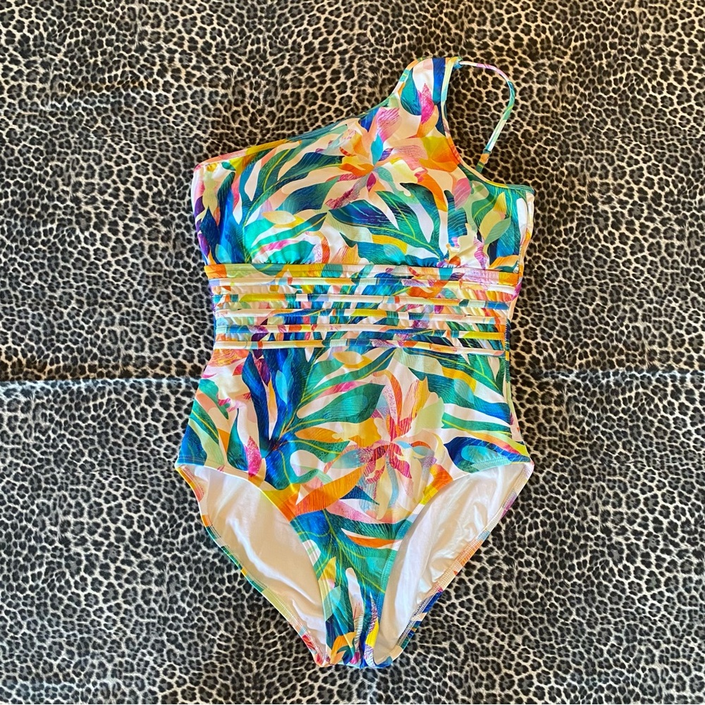 LA BLANCA Wild Tropic One Shoulder Tropical Floral Multicolor One Piece EUC 14 - Picture 6 of 10